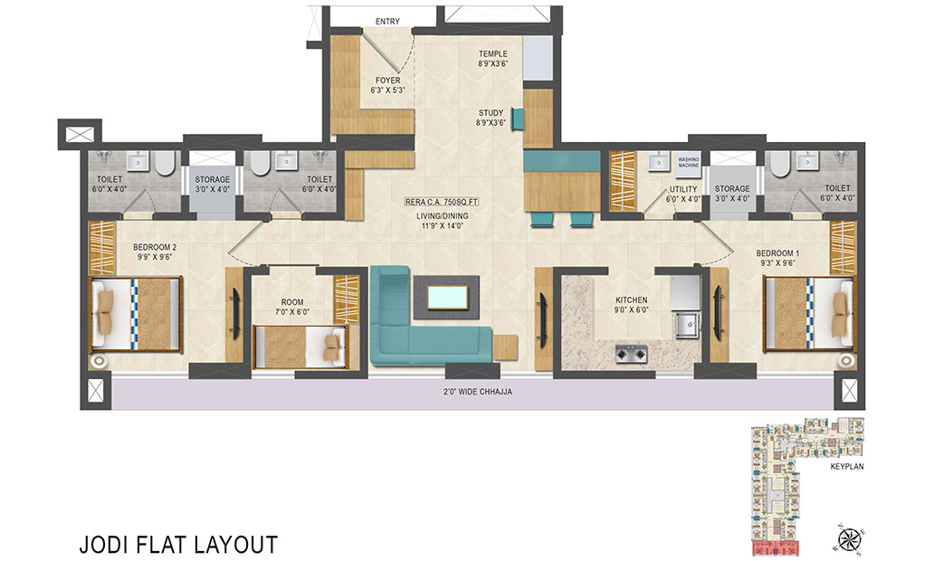2 BHK Flat Plan